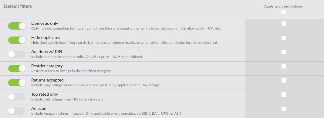 Screenshot: The Default filters section with toggles