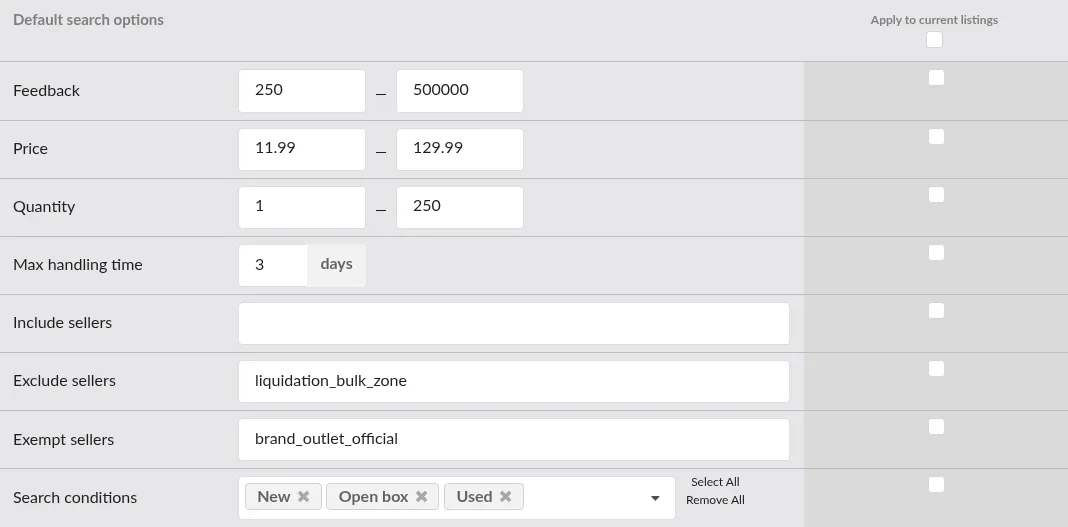 Screenshot: The Default search options section
