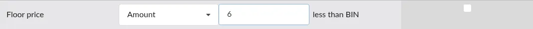 Screenshot: The Floor price dropdown with Amount selected and the "less than BIN" note
