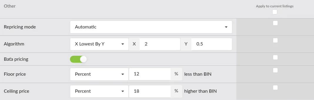 Screenshot: The Other section showing repricing mode, algorithm, Baťa pricing, floor, and ceiling