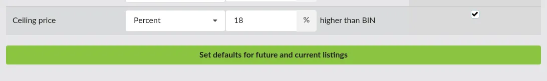 Screenshot: The save button labelled "Set defaults for future and current listings"