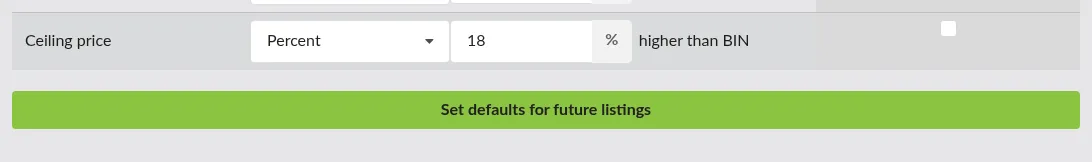 Screenshot: The save button labelled "Set defaults for future listings"