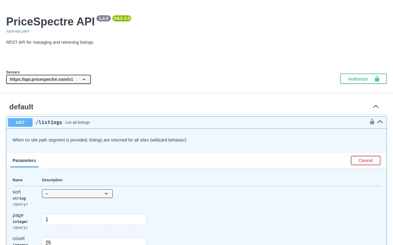 Screenshot: The Price Spectre interactive API docs with a Try it out panel