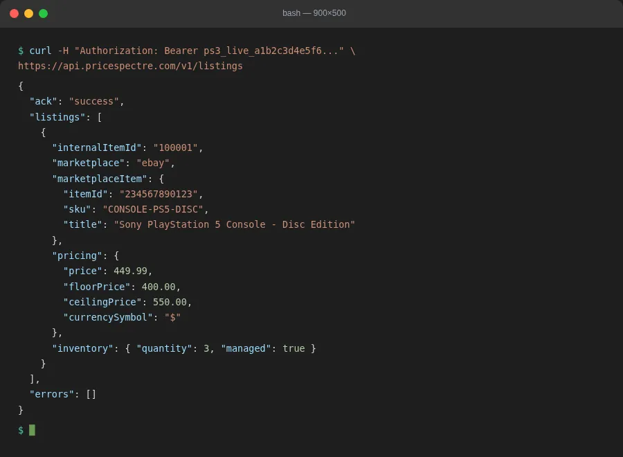 Screenshot: A successful API call shown in a terminal with the JSON listings response