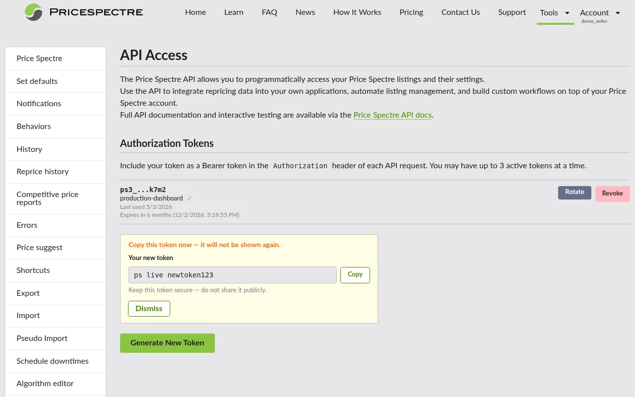 Screenshot: Newly generated token shown with copy button and the "will not be shown again" warning
