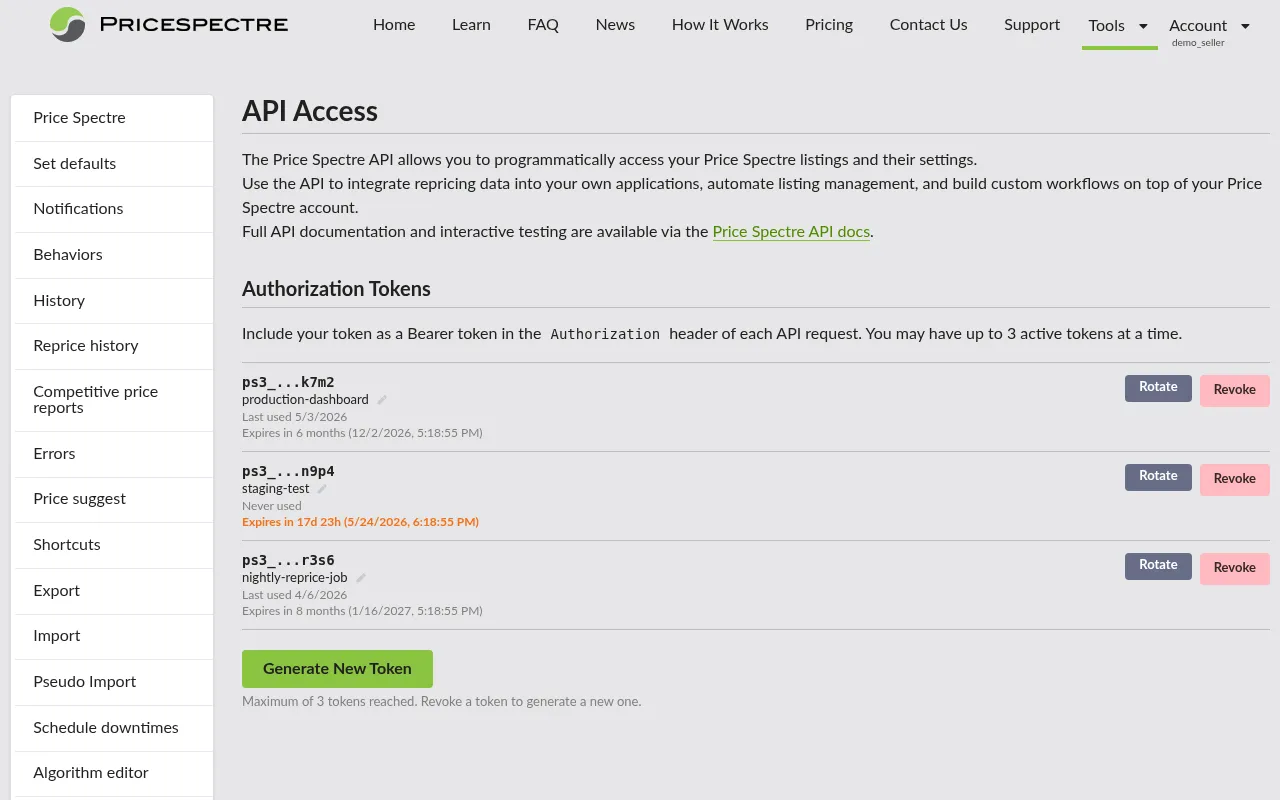 Screenshot: Token list showing the 3-token cap message and an expiring-soon warning on one row