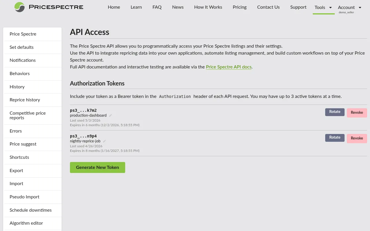Screenshot: Authorization Tokens list with hint, nickname, last-used, and expiration columns visible