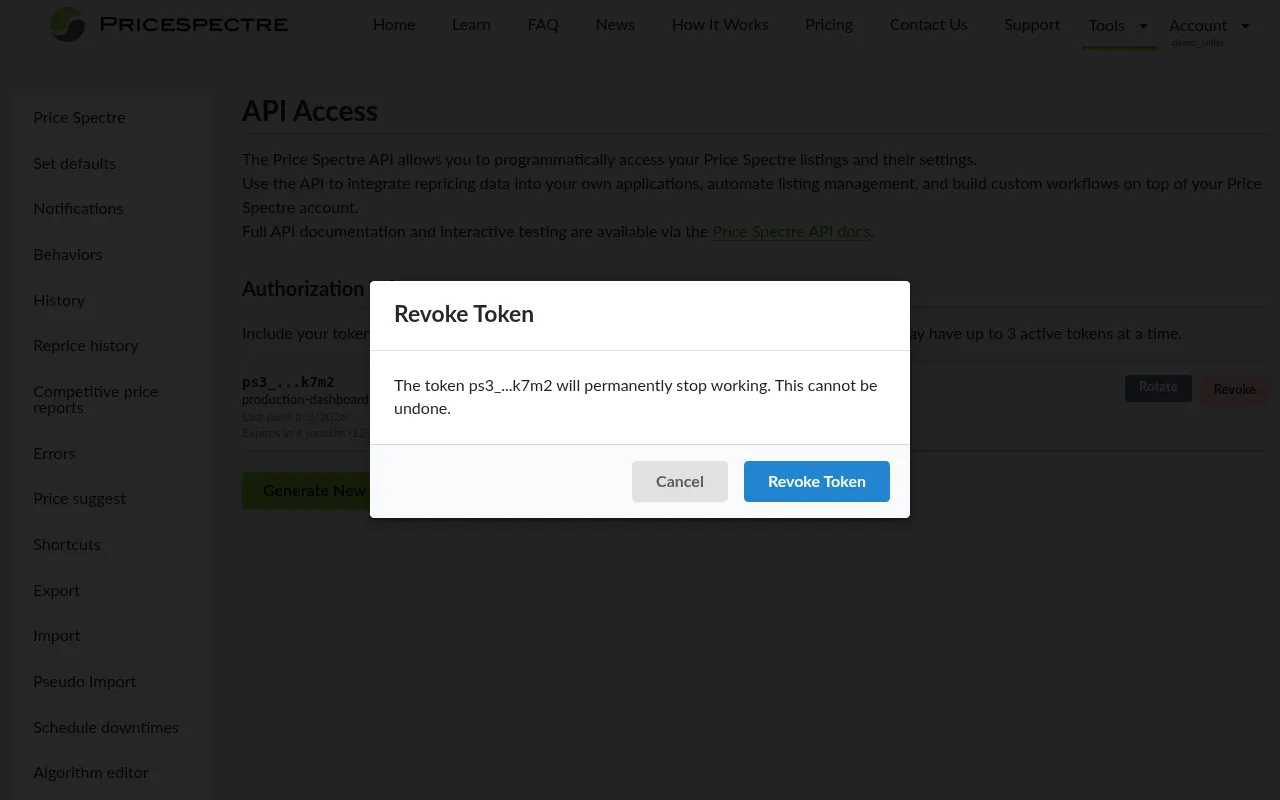 Screenshot: Confirmation modal for revoking a token, showing the token hint