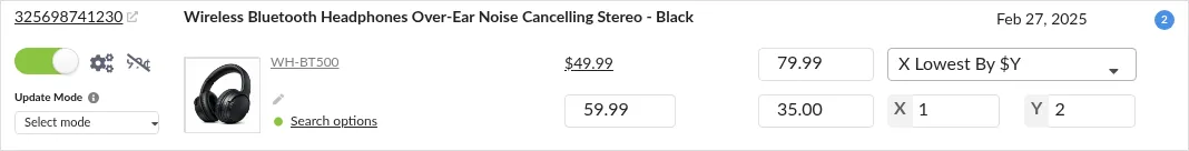 Screenshot: Algorithm dropdown and parameter fields on a single listing row