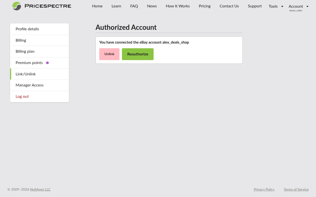 Screenshot: The Account > Link/Unlink page where eBay accounts are re-authorized
