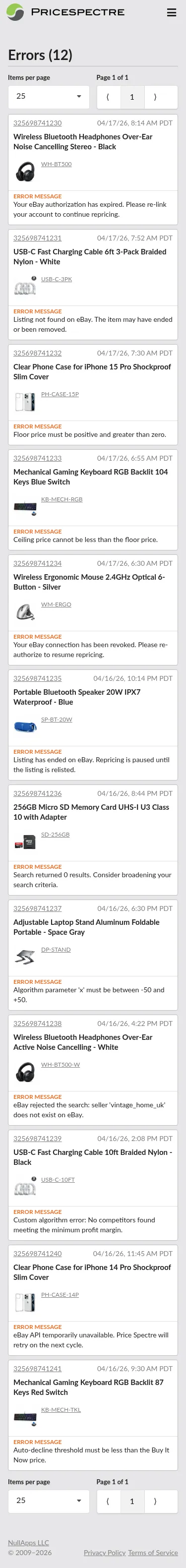 Screenshot: The mobile card layout for the Errors page