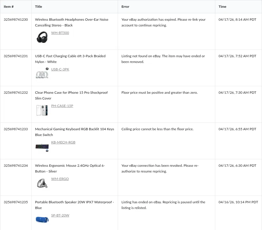 Screenshot: The desktop errors table showing Item #, Title, Error, and Time columns