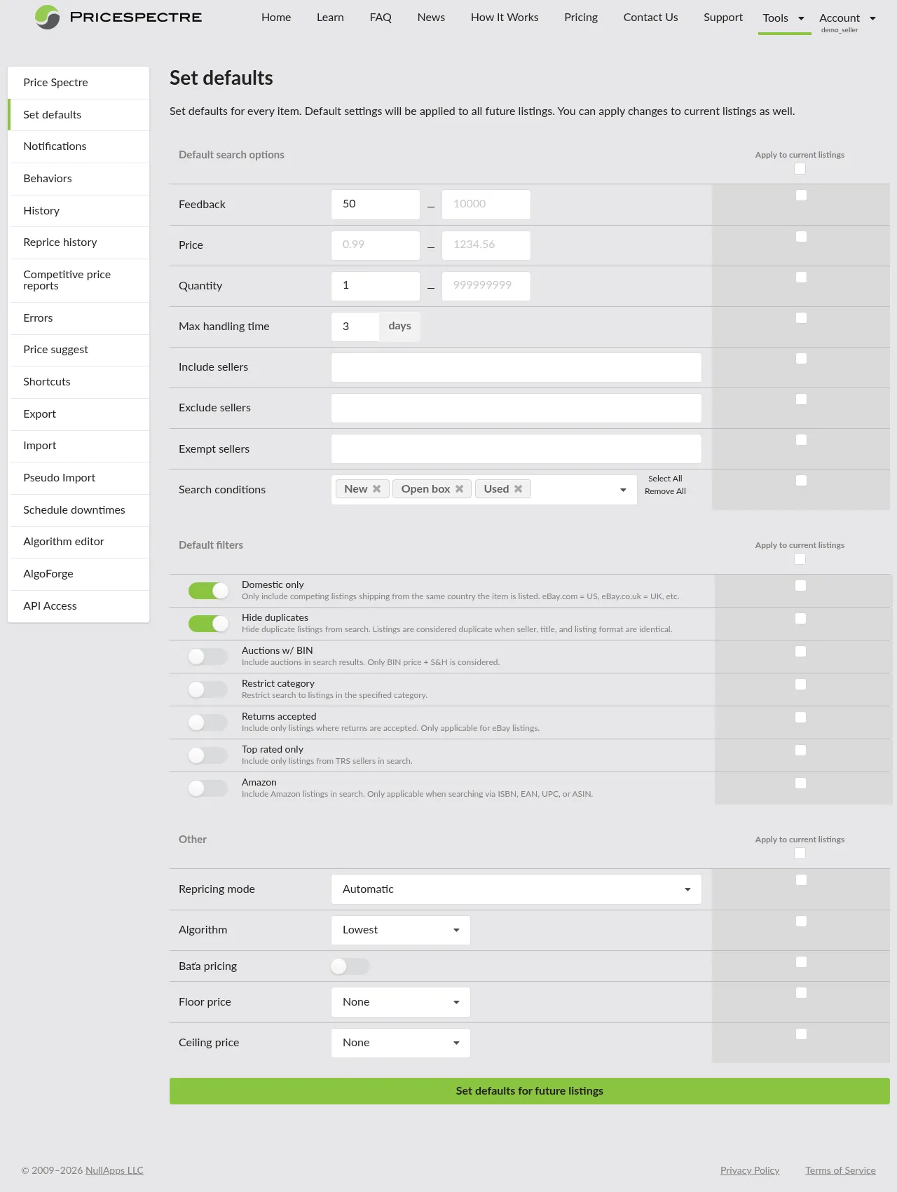 Screenshot: The Set Defaults page showing the default floor and ceiling controls