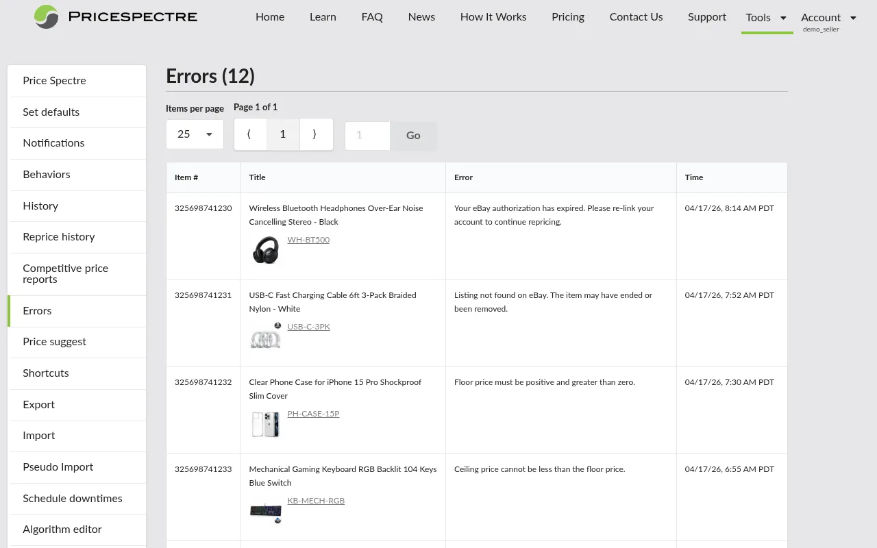 Screenshot: The Tools menu with the Errors entry highlighted