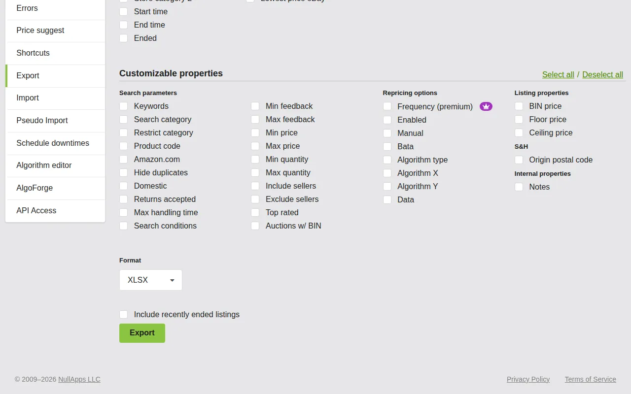 Screenshot: Customizable properties section with checkbox groups