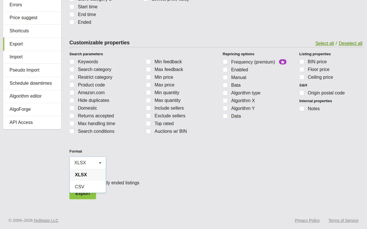 Screenshot: Format dropdown showing XLSX and CSV options