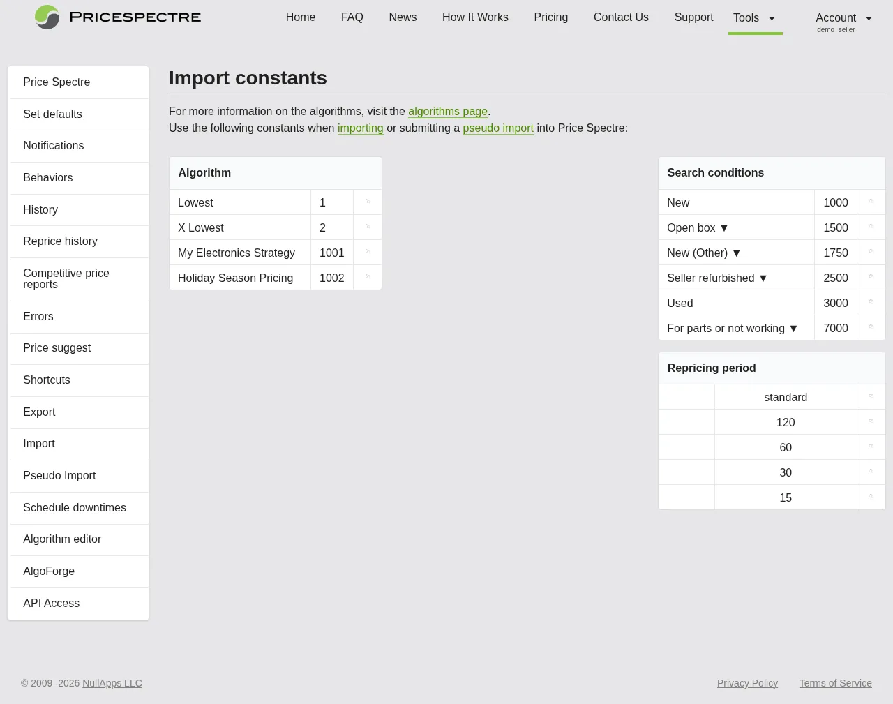 Screenshot: Import Constants page showing algorithm, condition, and frequency tables