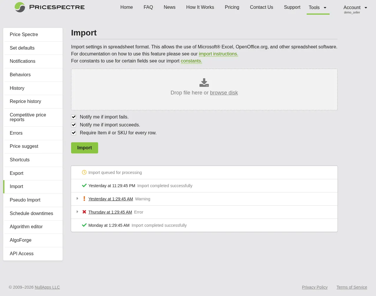 Screenshot: Import page overview