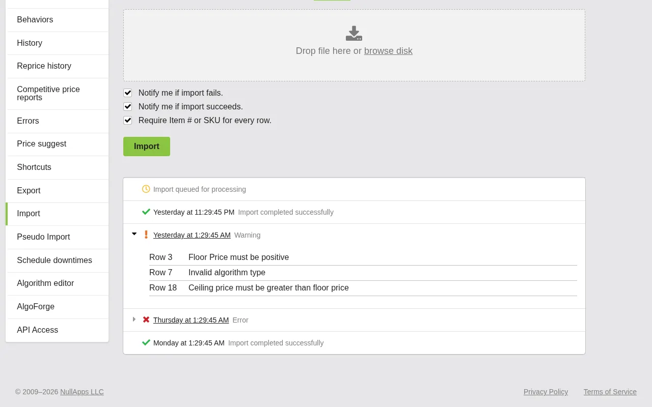 Screenshot: Import results with status and error details