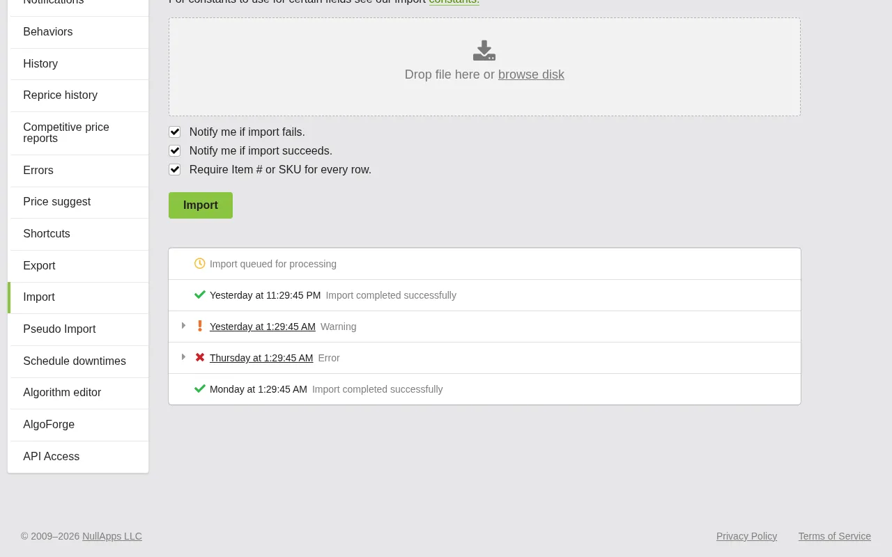 Screenshot: Pending and recent imports sections