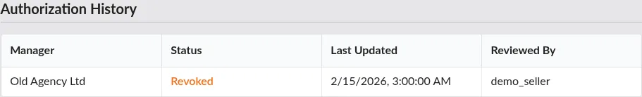 Screenshot: Authorization History table showing denied and revoked rows