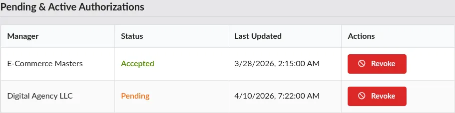Screenshot: Pending and Active Authorizations table showing a pending row