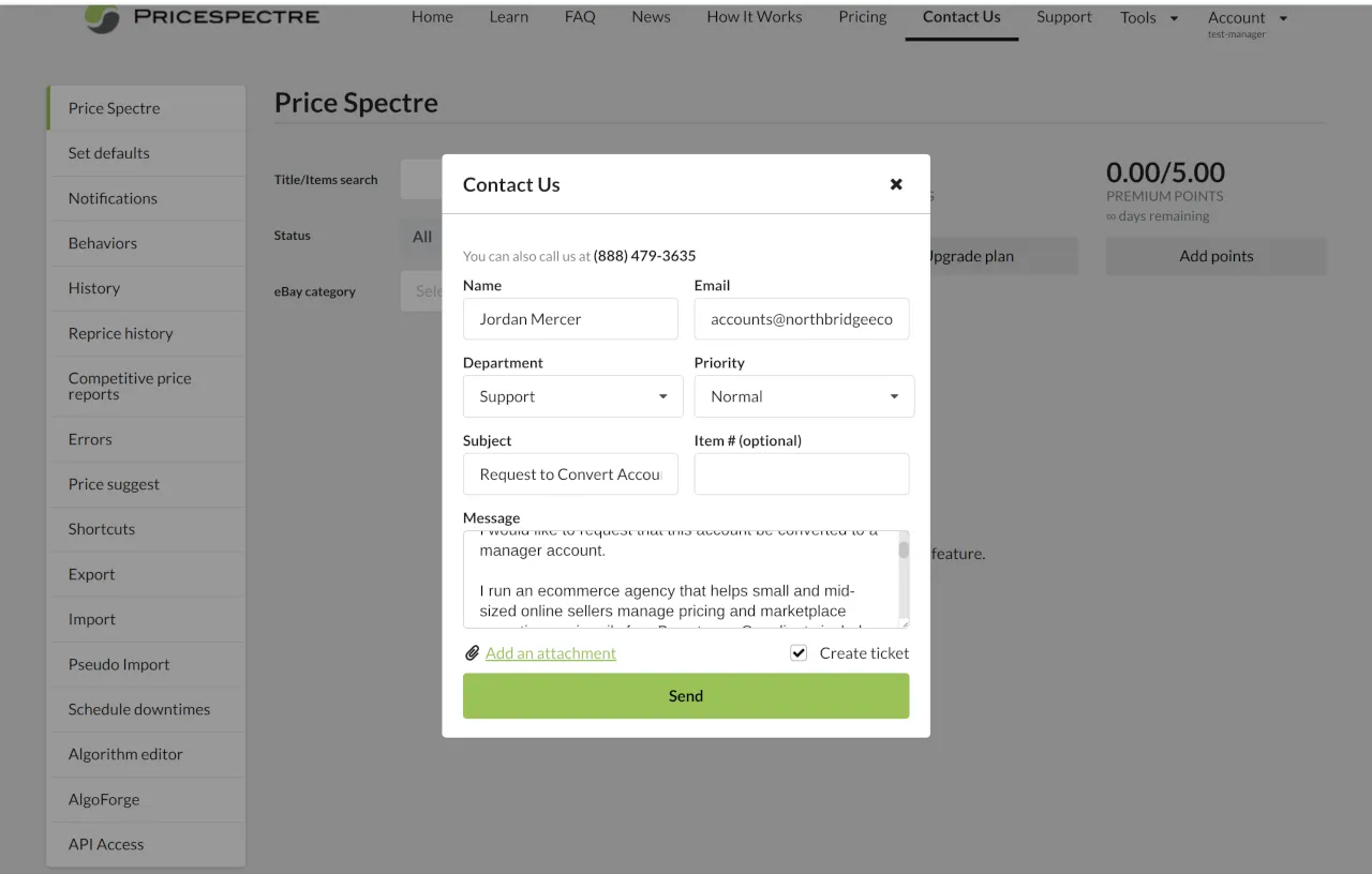 Screenshot: Contact Us form used to open a manager account support ticket