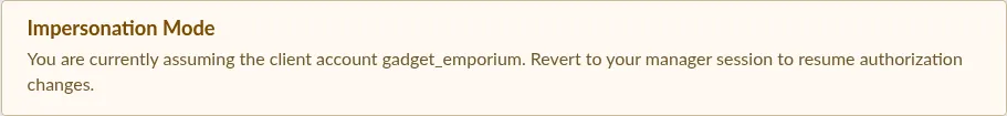 Screenshot: Impersonation Mode warning banner on the Manager Dashboard