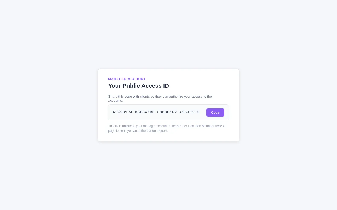 Screenshot: Manager public ID displayed on the Manager Dashboard with a copy button