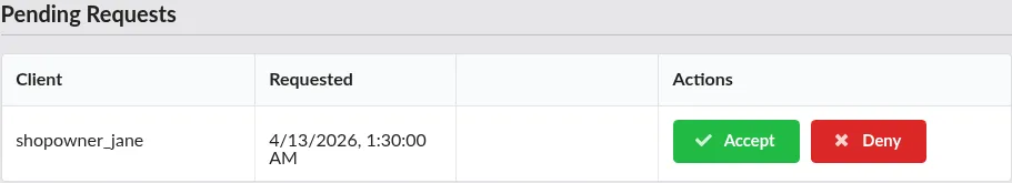 Screenshot: Pending Requests table with Accept and Deny buttons on each row