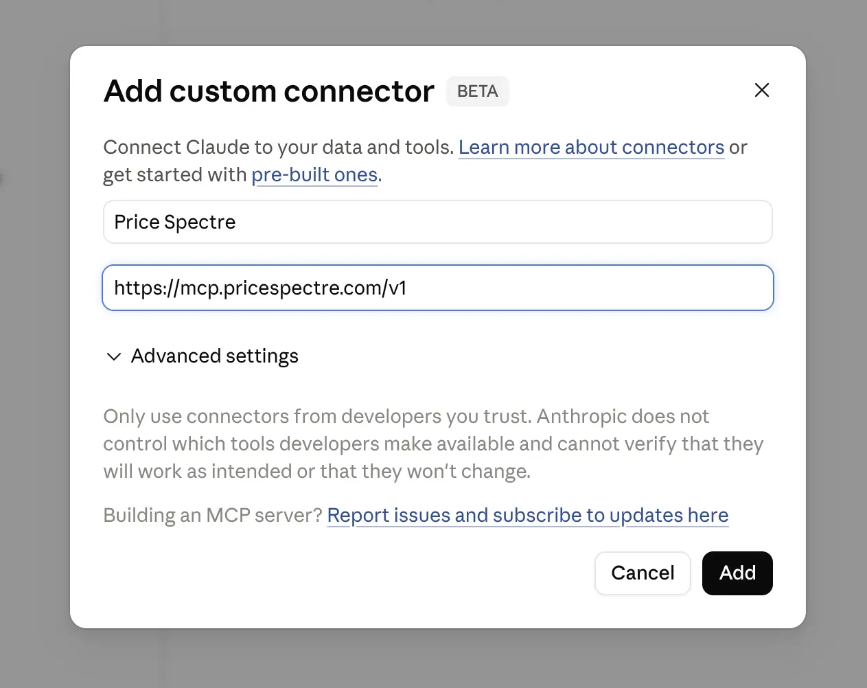 Screenshot: Adding the MCP connector URL in Claude.ai's connector dialog before the redirect to Price Spectre.