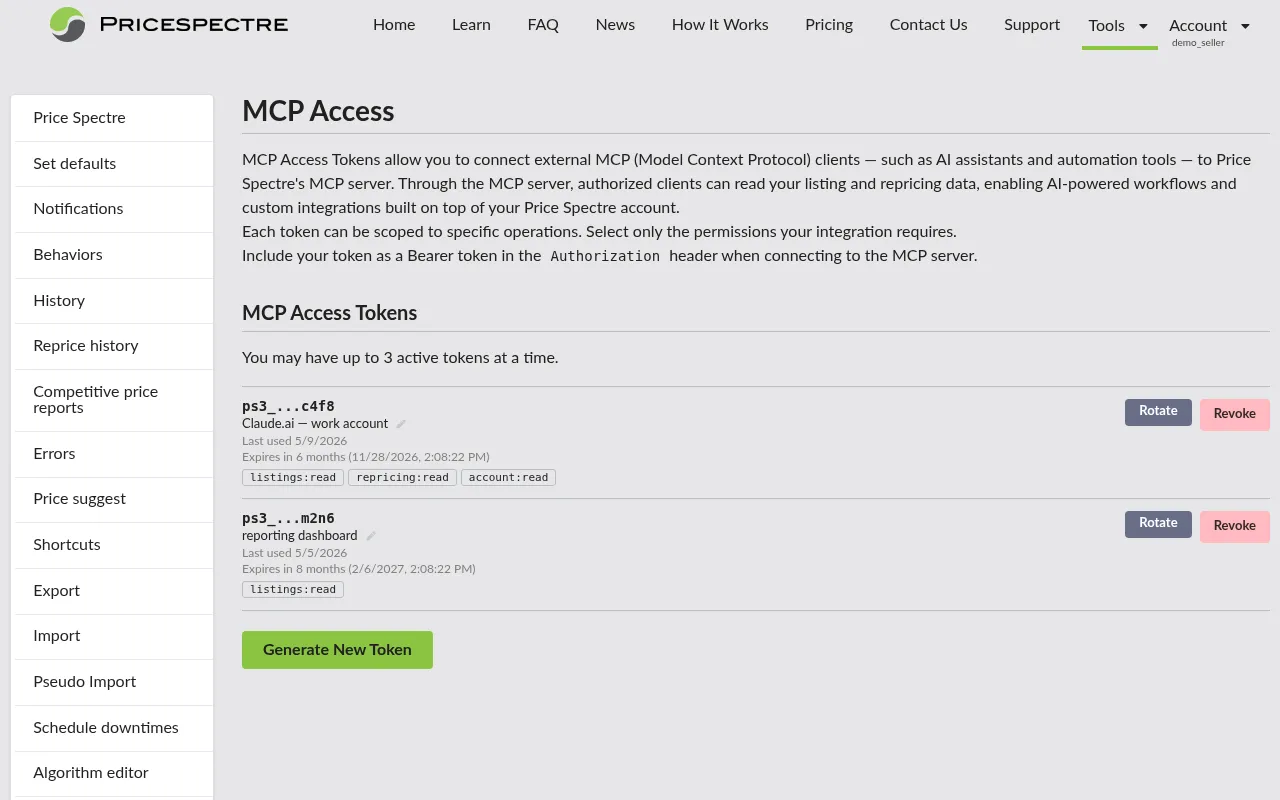 Screenshot: The MCP Access page at /tools/mcp_access, showing the list of existing tokens and the "Generate New Token" button.