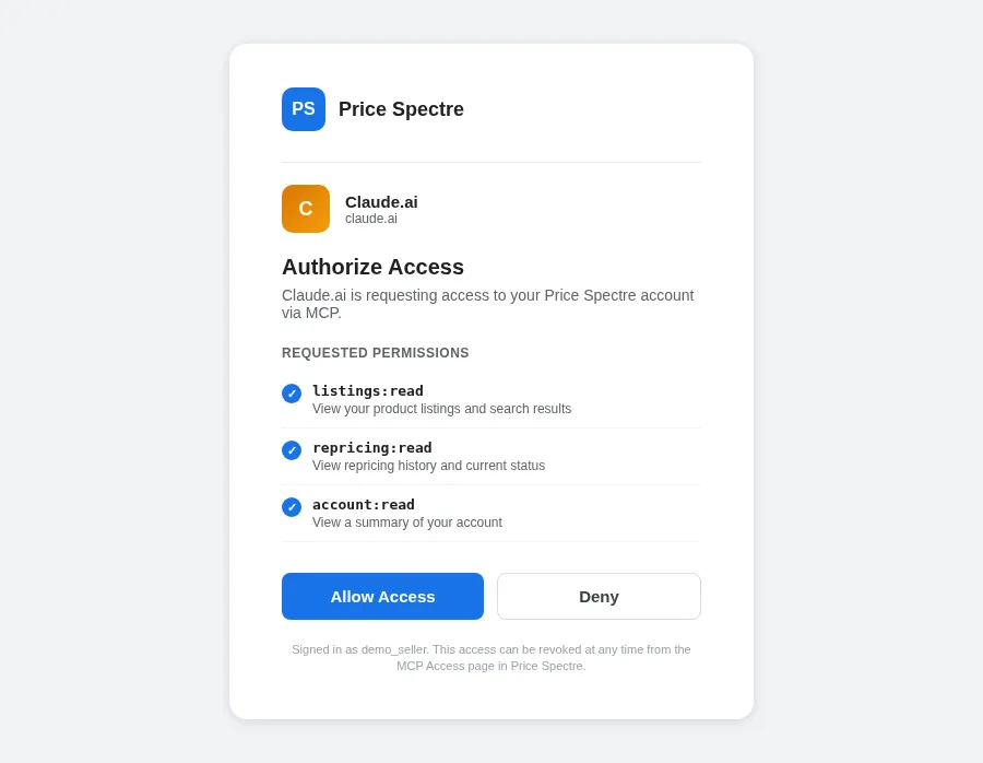 Screenshot: The Price Spectre authorization screen shown to the user after the client redirects in for Dynamic Client Registration, listing the scopes the client is requesting.