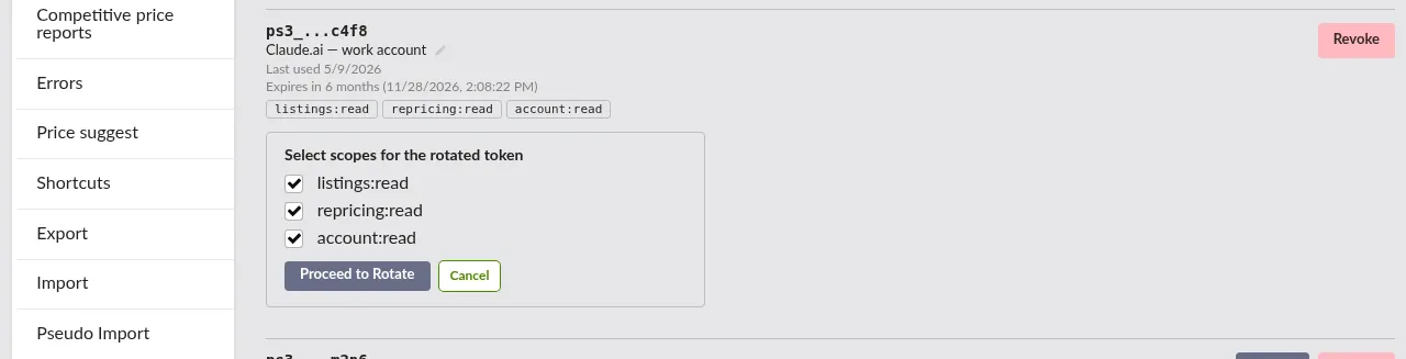 Screenshot: The rotation panel showing the current token's scopes pre-selected with an option to narrow them, plus a confirmation dialog warning that the old token will stop working in one hour.