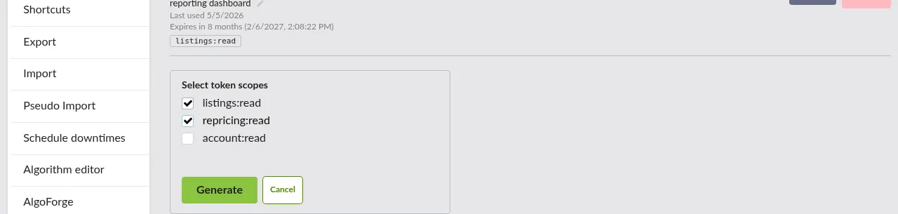Screenshot: The scope selection panel during token generation, with checkboxes for listings:read, repricing:read, and account:read.
