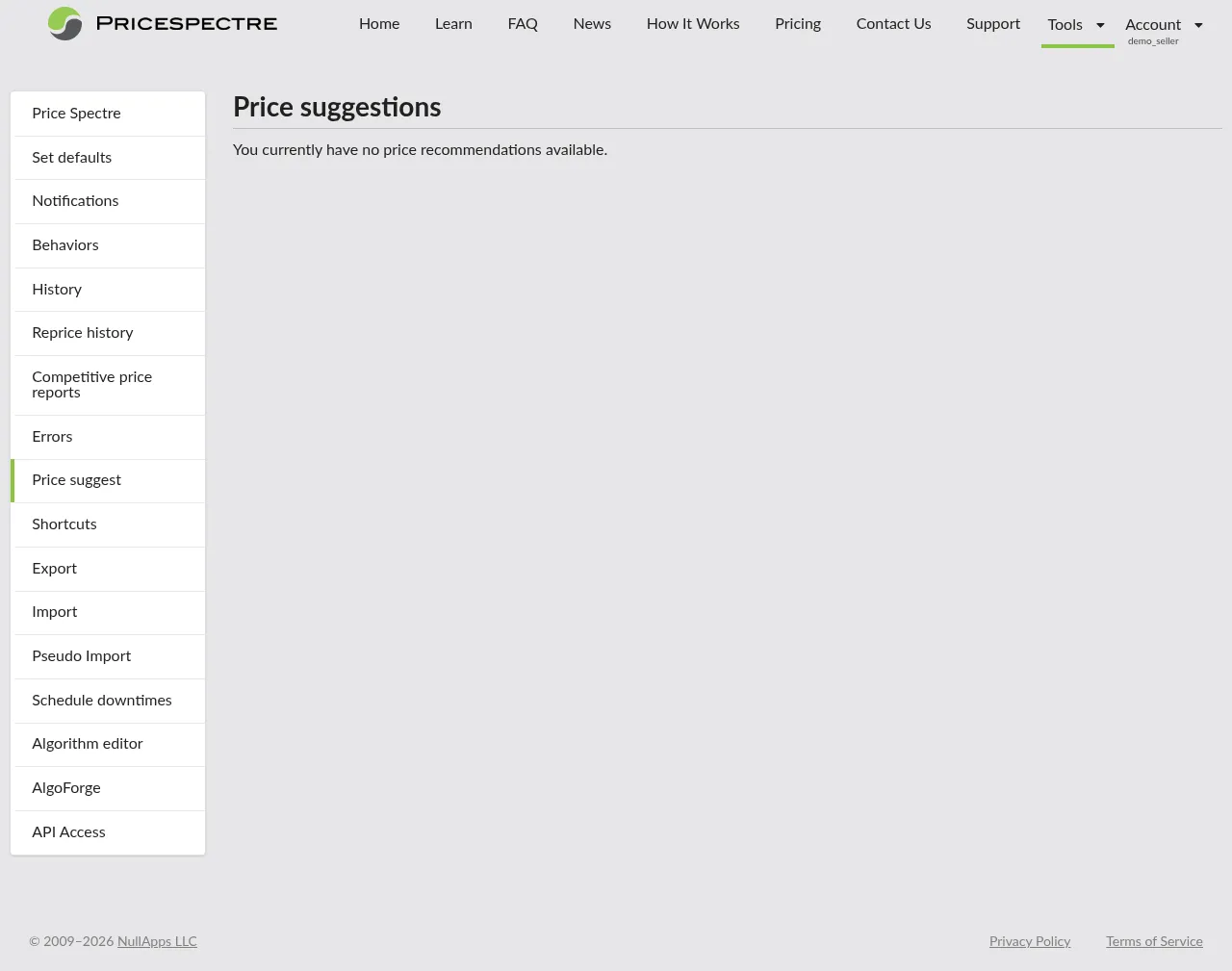 Screenshot: Price Suggestions page showing the empty state