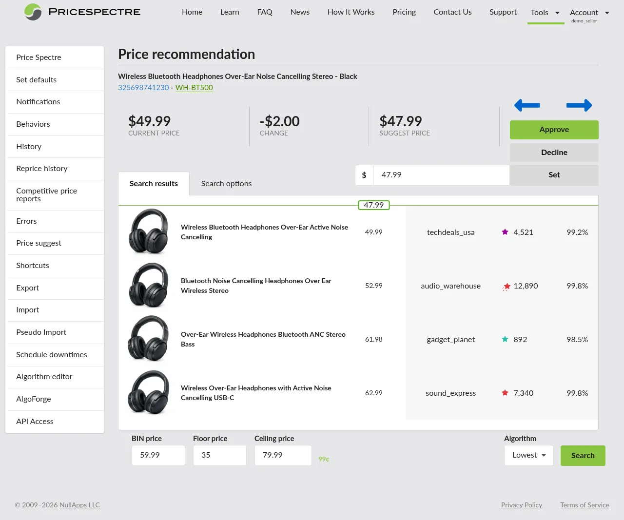 Screenshot: Price Recommendation detail view with header, stats, and search panel below
