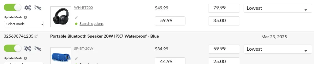Screenshot: Per-listing repricing mode dropdown showing Automatic and Manual options