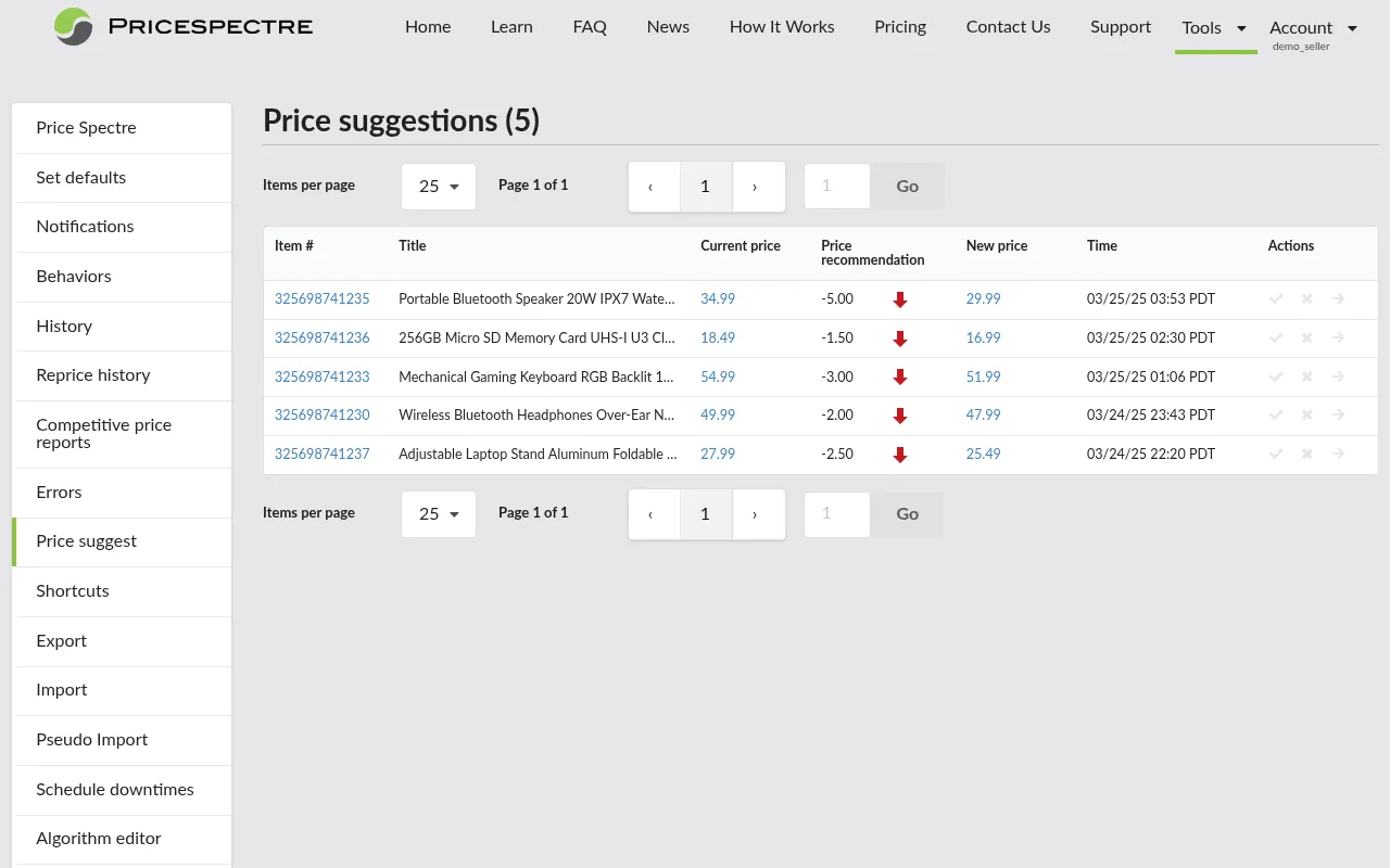 Screenshot: Side menu with the Price suggest item highlighted