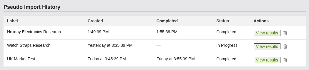 Screenshot: Import history table showing completed and in-progress imports