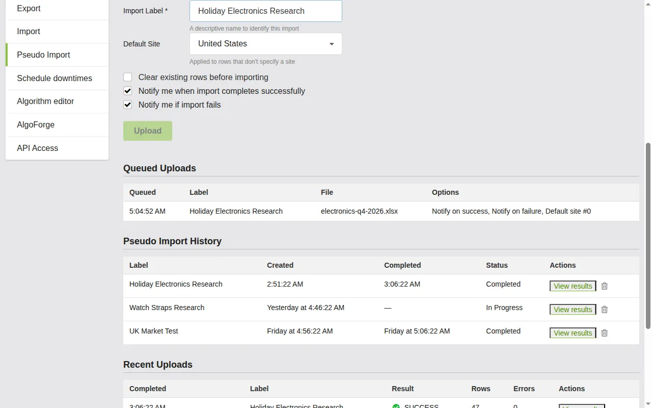 Screenshot: Import settings showing label field, site dropdown, and checkboxes