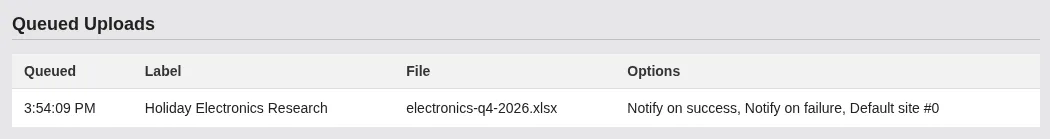 Screenshot: Queued uploads section showing a pending file
