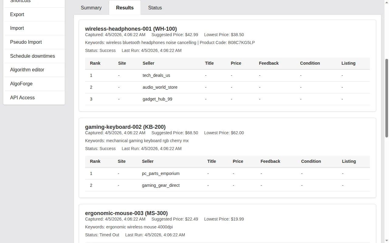 Screenshot: Results tab with detailed competitor listings