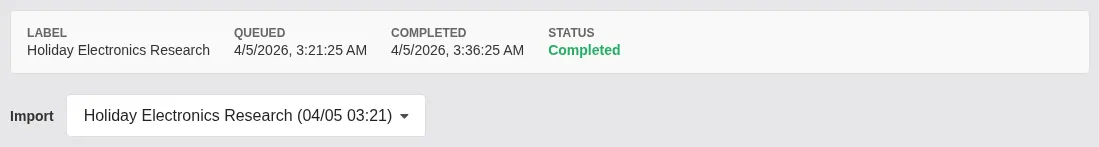 Screenshot: Import selector dropdown and summary bar
