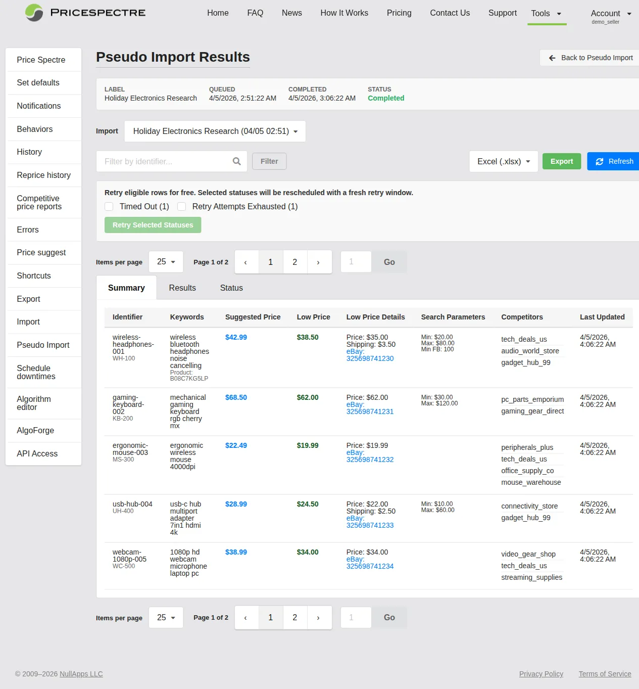 Screenshot: Pseudo Import Results page overview