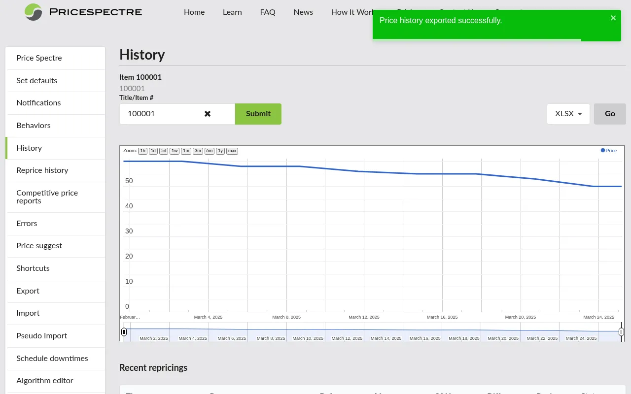 Screenshot: Export menu on the Price History page