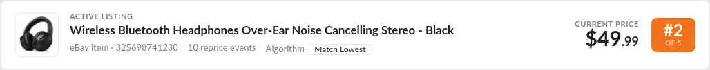 Screenshot: Price History listing card with thumbnail, title, current price, and rank