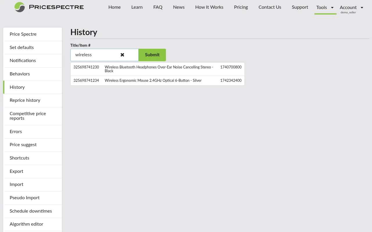 Screenshot: Price History search box with suggestions showing a match