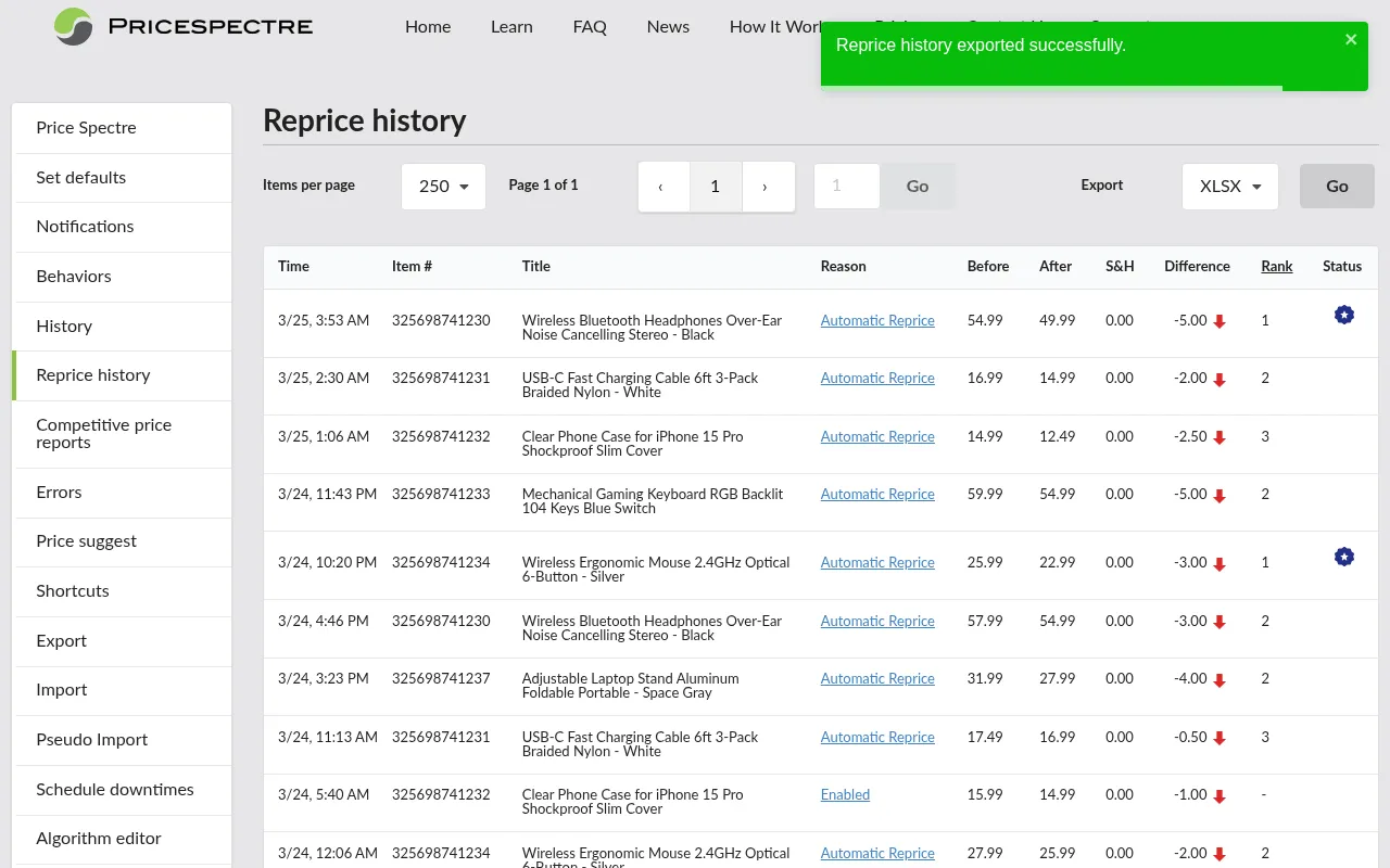 Screenshot: Export menu open with CSV and XLSX options on the Reprice History page
