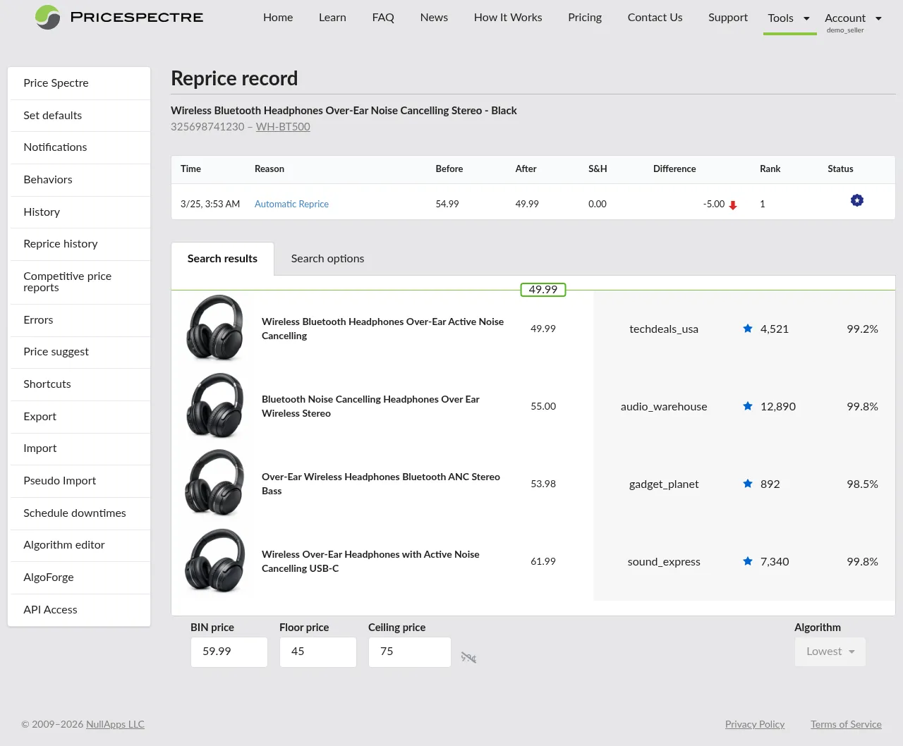 Screenshot: Reprice Record page overview with header, one-row table, and competitor snapshot